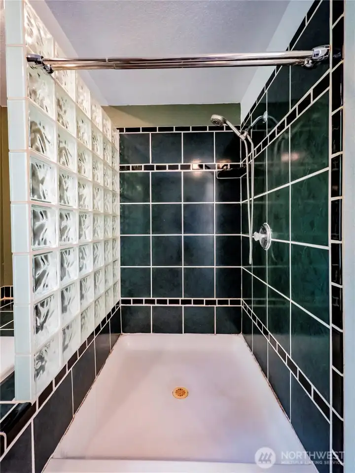 HUGE TILE AND GLASS BLOCK WALK IN SHOWER