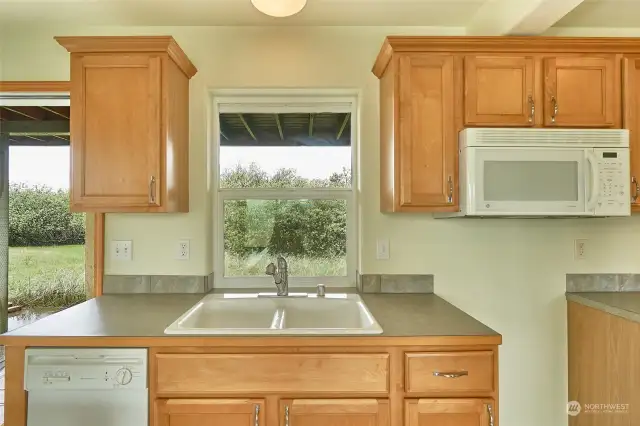 Main entrance level kitchenette has spot/room/hookup for stove and refrigerator. Currently has dishwasher , sink and microwave.