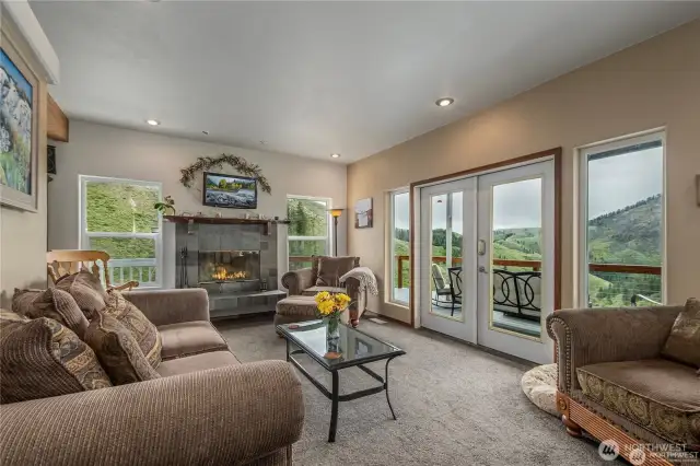 Living Room w fireplace and views