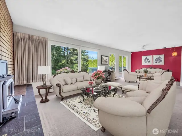 Virtually staged spacious living room.