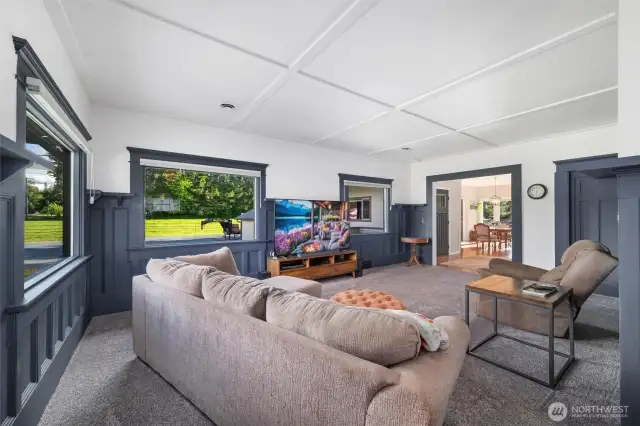 Spacious living room with views of Mt Baker from the windows