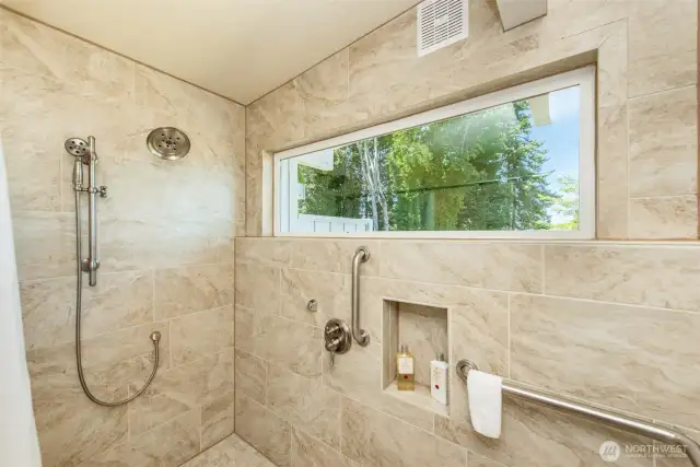Gorgeous custom tile in the shower and a view to match!