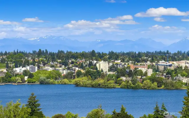 Sweeping views of Green Lake seen from rooftop deck.