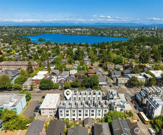 Aeriel view showcasing close proximity to Green Lake and other amenities.