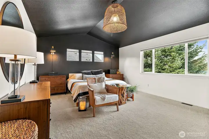 Primary suite features a vaulted ceiling, beautiful chandelier & a stunning view of the foothills.