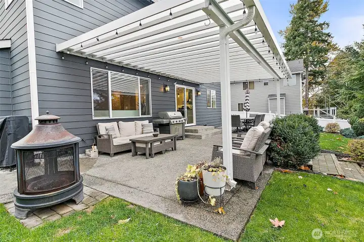 Large, lighted covered patio overlooks the professionally landscaped fully fenced backyard.