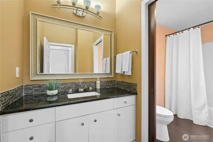 Bathroom on Main level was intelligently designed with a pocket door between vanity and WC.