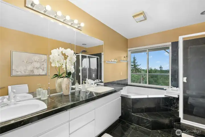 5 Piece Primary Bath with soaking tub, dual vanity, separate bidet and toilet (not shown, but can be seen in reflection of shower door)