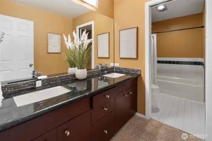 2nd Level - 5 piece main bathroom.  Dual Vanity separated by pocket door leading to WC, bathtub, separate shower & extra storage closet.