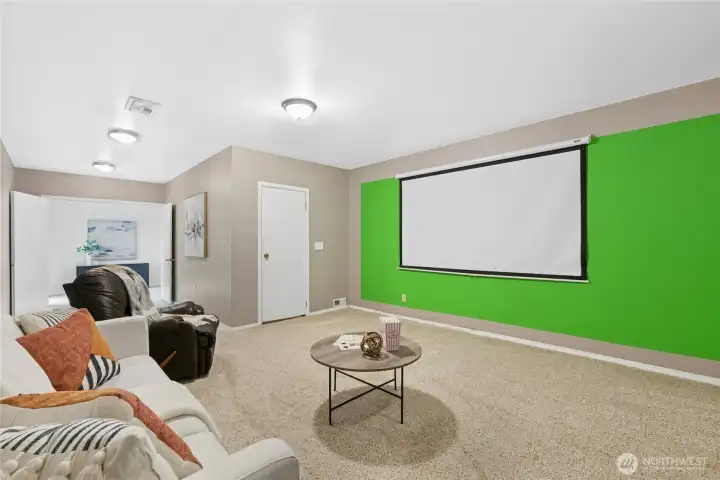 Level 3 - Large home Theater with pull-down screen and painted Green Screen for homemade productions.  Door leads to sizable utility room providing easy access to 1 of 2 water heaters and furnace PLUS additional room for storage.