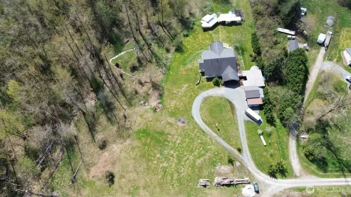 Ariel view looking at the front of property.