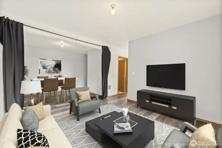 Virtually staged downstairs family room.