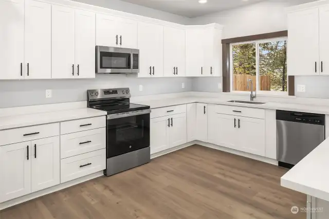 Spacious, beautiful, bright, light and airy kitchen!  Tons of cabinet & counter space, views out back yard window to green belt area. Gorgeous quartz countertops...you will LOVE this kitchen and all it has to offer!