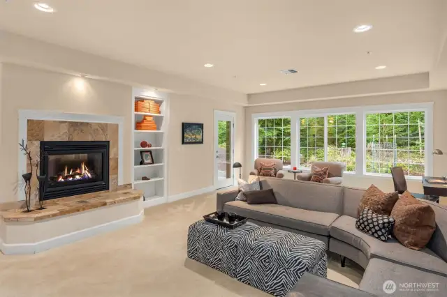 Lower unit offers a double sided gas fireplace.