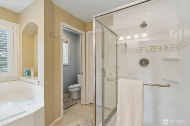 Shower, private toilet room and walk-in closet in primary bathroom