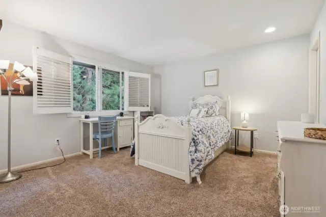 Bedroom that looks out over the rear yard is perfect for guests or a home office, with generous closet space.