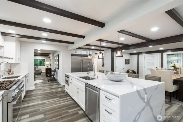 Kitchen transitions perfectly to living room and wine nook