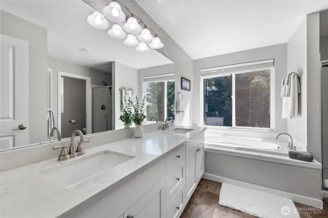 Primary bath with soaking tub looking out to the back private scenery