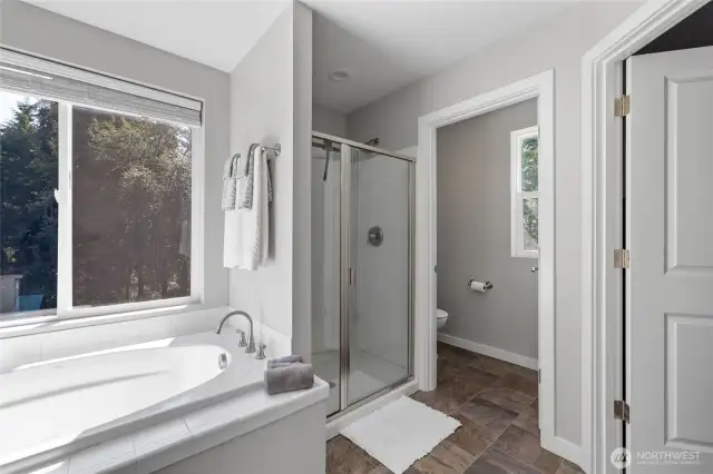 Primary shower and water closet, also walk in closet!