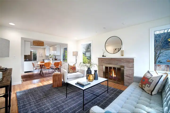 SW facing living room with wood buring Fireplace