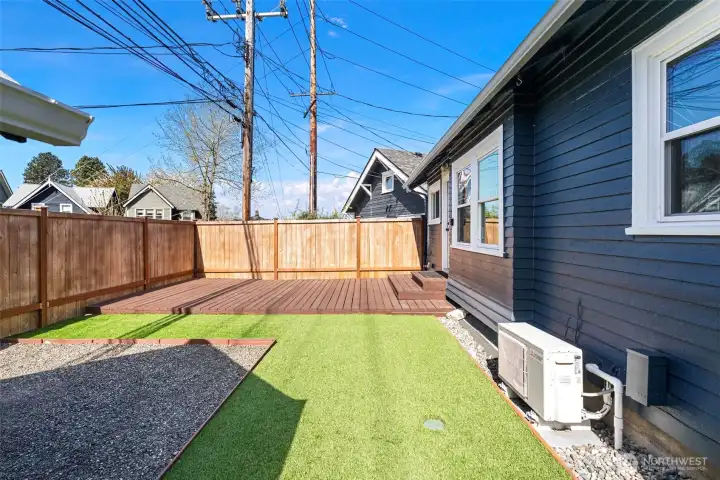 Private, fully fenced yard with low maintenance artificial turf.