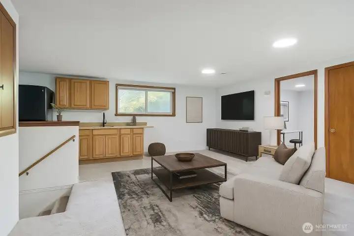 Upstairs private guest quarters w/ 2 bedrooms, great room, micro kitchen & 3/4 bathroom. Virtually Staged.