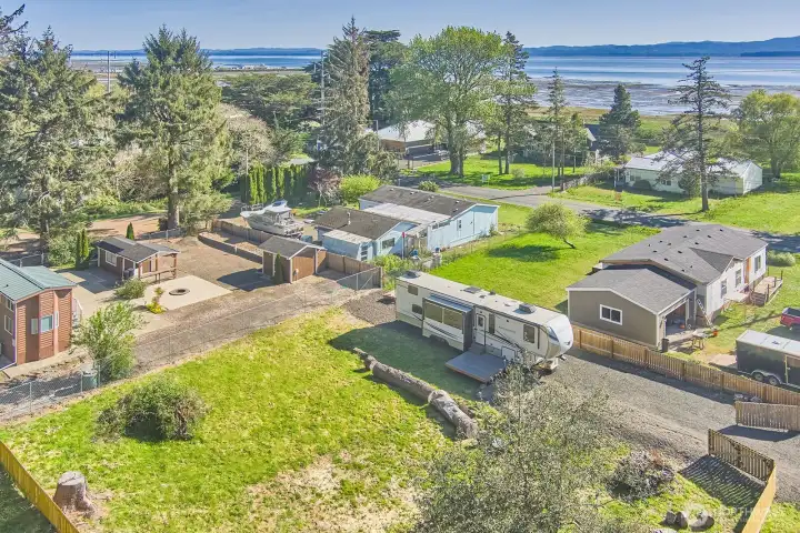 Expansive aerial capturing the charm of Nahcotta and its close connection to Willapa Bay.