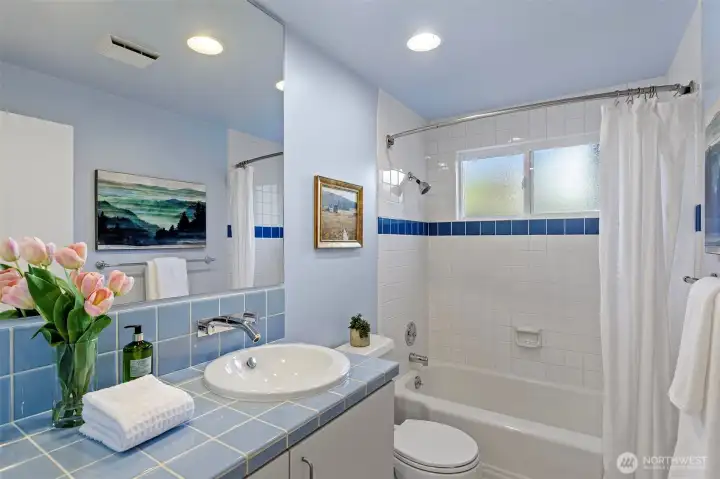 Another bathroom on the main floor features beautiful blue and white square tiling, bath and shower combo with window and wall mounted vanity faucet