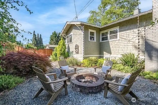 Side yard fire pit with thoughtfully planted perennials and shrubs creating privacy and beauty (virtually staged)