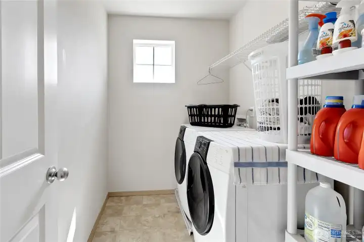 The utility room is upstairs and comes with hanging shelves. washer/dryer do not convey