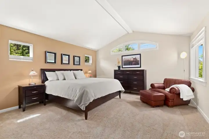 Spacious primary bedroom with vaulted ceilings.