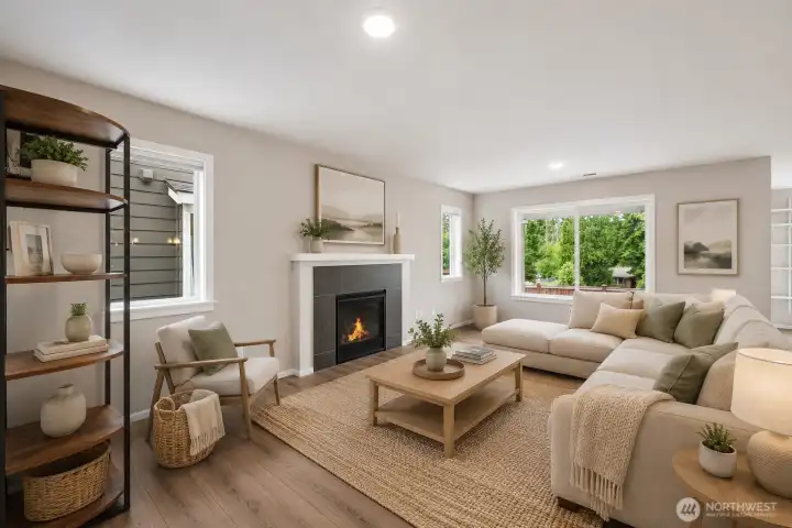 Virtually staged great room with gas fireplace