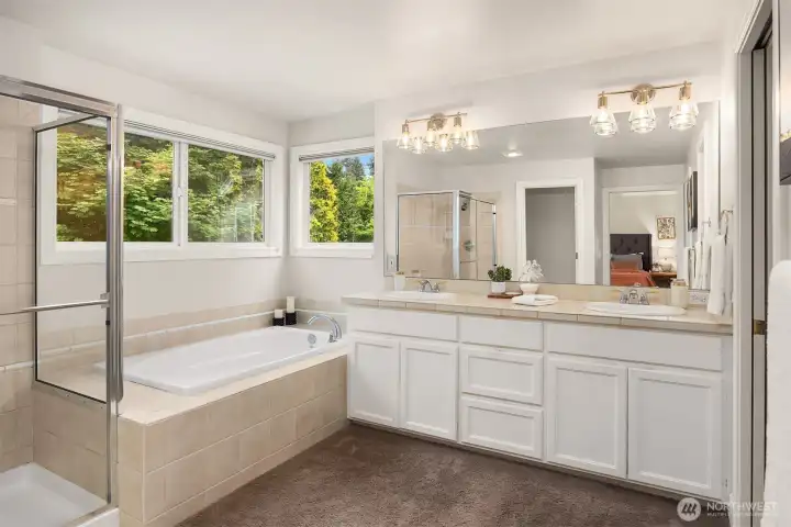Elegant primary bathroom includes a soaking tub, separate shower, water closet, and dual sinks with generous storage. Elegant primary bathroom includes a soaking tub, separate shower, water closet, and dual sinks with generous storage.