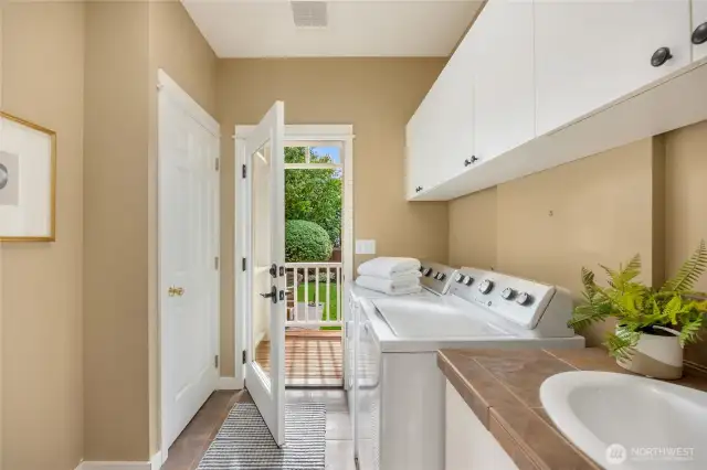 The laundry room with a door out to a deck.