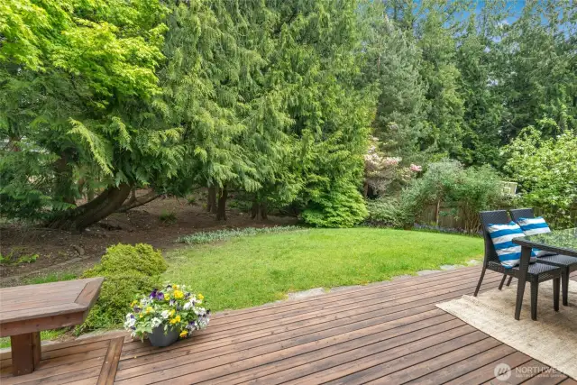 Private backyard setting with entertainment sized deck overlooking beautiful landscape and grounds.