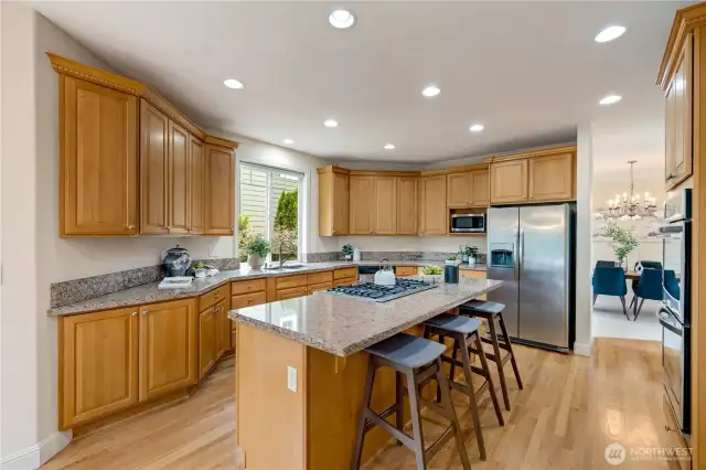granite countertops, slide out cabinets, under counter lights