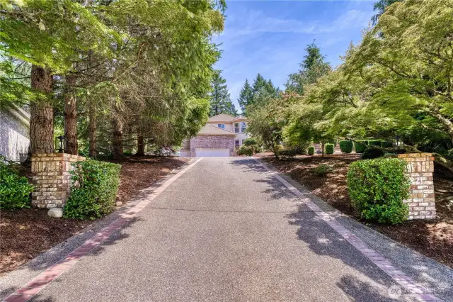 Grand brick accent drive with mature Landscaping and beautiful tree canopies.