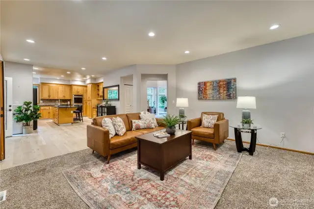 Family room right off kitchen with space for an eating area.