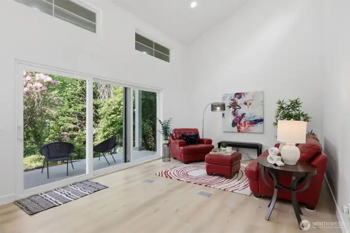 Vaulted ceilings with nanawall-like slider.