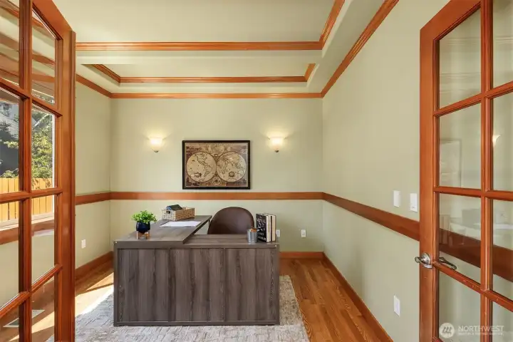 Large, light filled main floor office, with double glass doors for privacy when you need it.