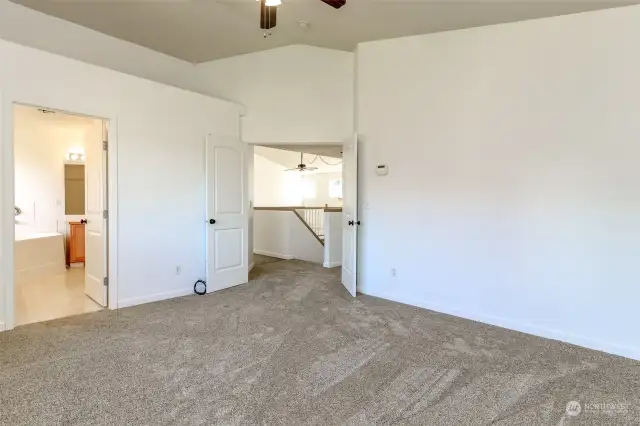 Spacious primary bedroom w/ vaulted ceilings