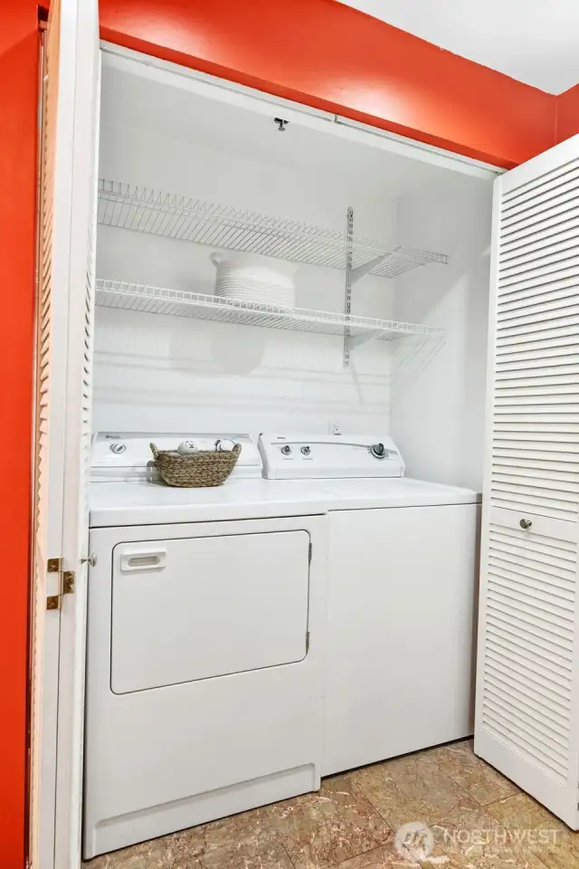In unit washer and dryer are included! To the left of the laundry (not shown) is a new top-of-the-line AO Smith water heater.