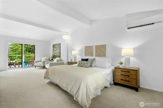 Oversized primary bedroom with a mini-split for cooling, sitting area, and deck.