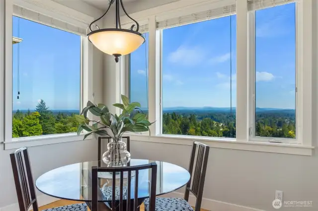 The breakfast nook is the perfect place to enjoy a peaceful morning while marveling at the beauty of Mt Rainier.