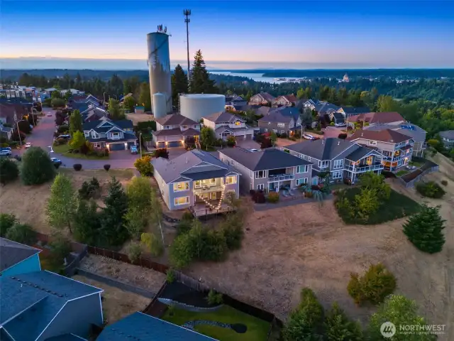 Tumwater hill offers some of the most spectacular views in Thurston County. Notice the water tower and the Puget Sound in the distance.