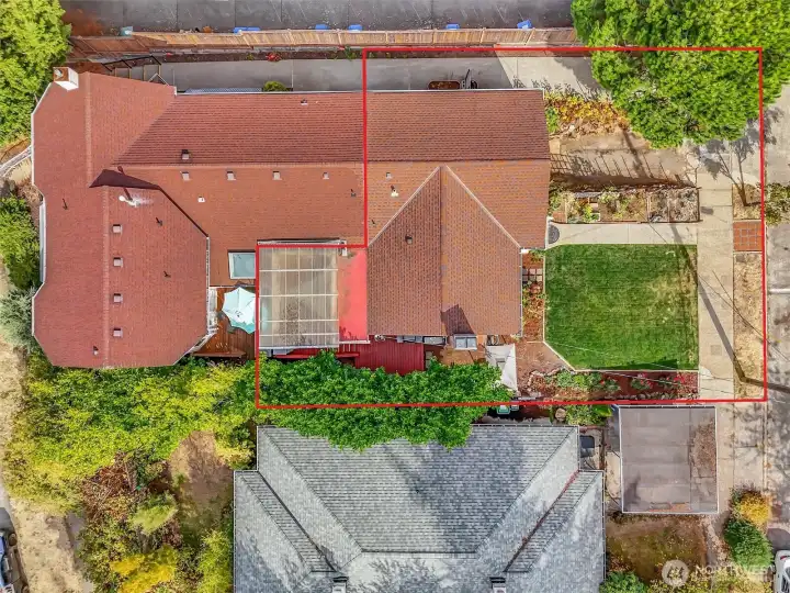 Red line marks the property line for this home