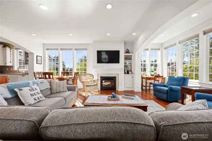 View from the living area showing the beautiful and cozy fireplace and seating area