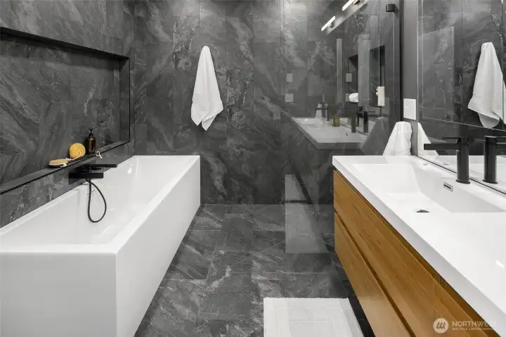 Full bath on the upper floor was renovated in 2023~ heated floors, deep MTI soaking tub, separate shower and O&N double vanity.