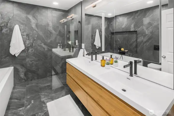 Full bath on the upper floor was renovated in 2023~ heated floors, deep MTI soaking tub, separate shower and O&N double vanity.