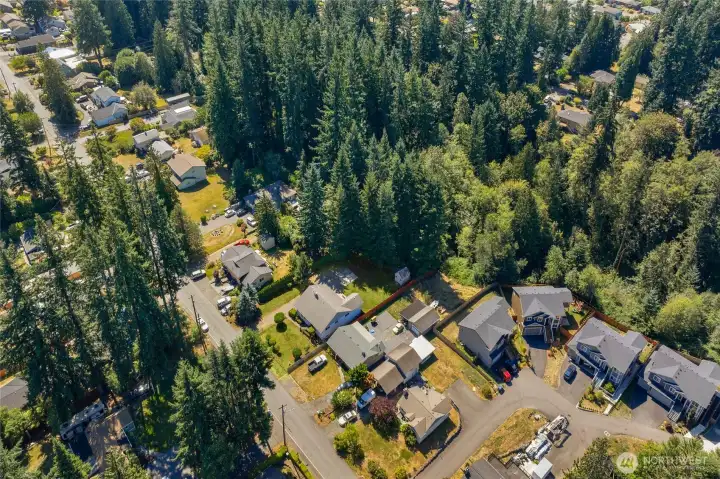 Aerial view to both parcels... home on front side, wooded vacant lot attached to backyard to the West...